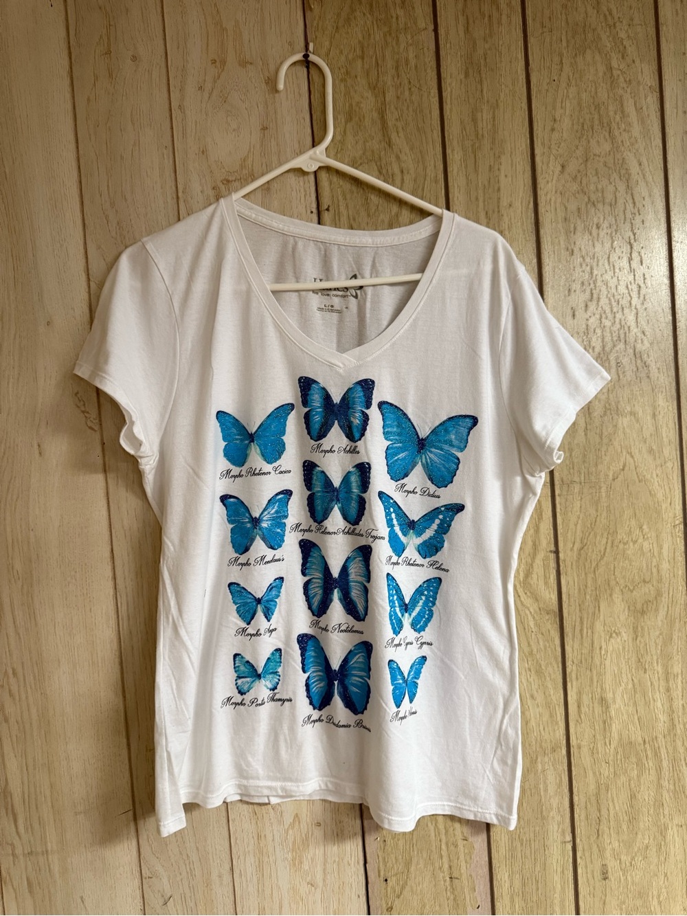 Hanes White Short-Sleeve V-Neck Tee with Blue Butterfly Print